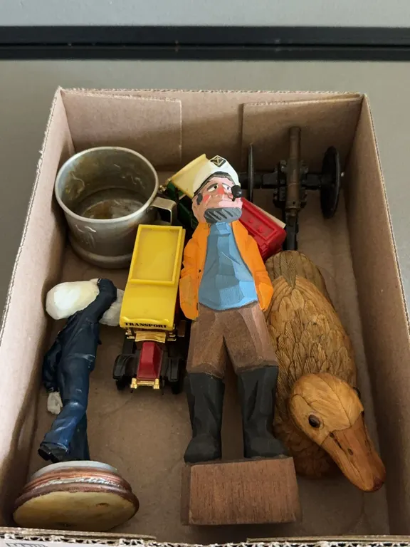 Collection Of Carved Wood Figurines Toy Trucks Metal Miniature Cannon