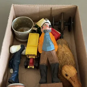 Collection Of Carved Wood Figurines Toy Trucks Metal Miniature Cannon