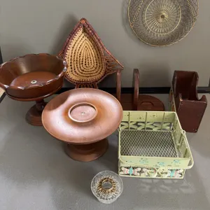 Collection of Turned Wooden Pedestals Hanging Wire Basket and Table Accessories