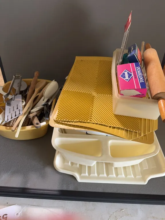 Assorted Kitchenware Lot Including Utensils Dish Mats and Rolling Pin