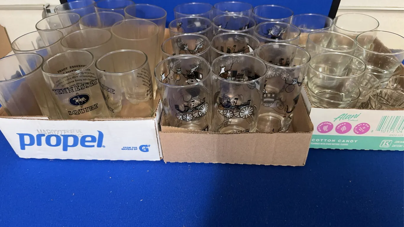 Assorted Glassware Collection Including Vintage Carriage Tumblers