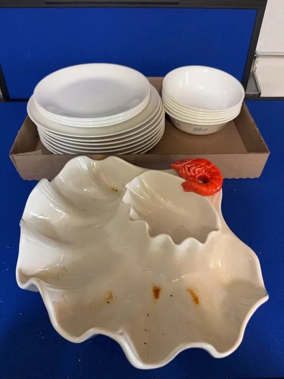 Metlox Ceramic Shrimp Shell Dish and White Corelle Tableware