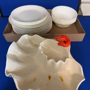 Metlox Ceramic Shrimp Shell Dish and White Corelle Tableware