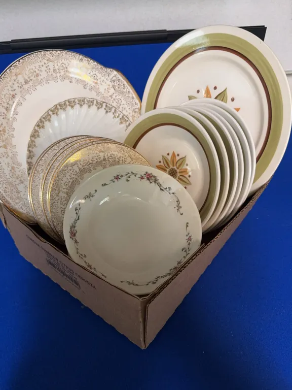 Assorted Fine China and Stoneware Plates Featuring 22KT Gold Filigree