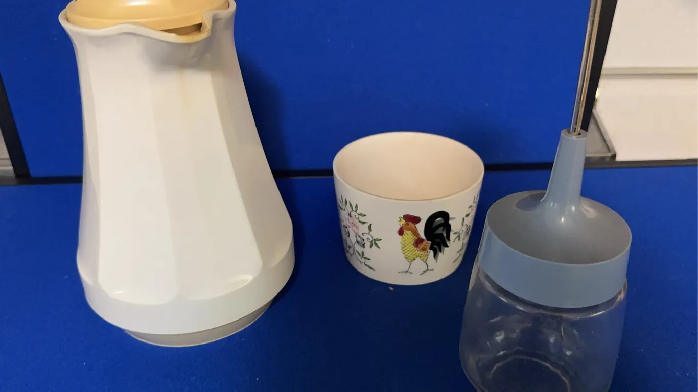Vintage Kitchenware Lot Thermal Carafe Glass Chopper Rooster Bowl