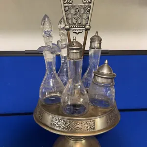 Antique Victorian Silver Plate Castor Stand Cruet Set Etched Glass Bottles