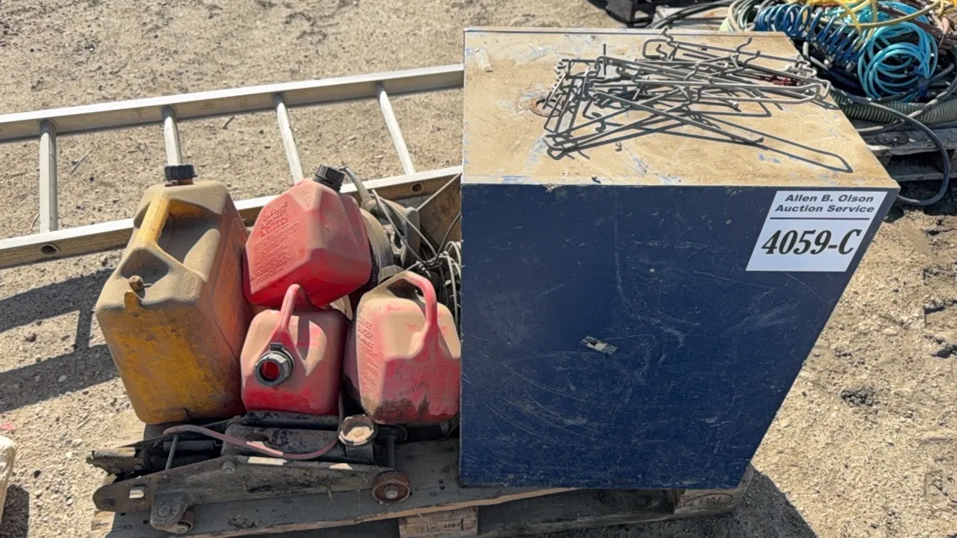 BLUE METAL CABINET, GAS CANS, DEWALT SAW, DEWALT DRILL, SKIL SAW