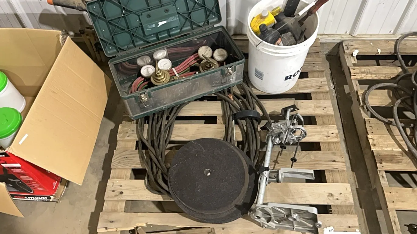 #2 WELDING CABLE, CUTTING TORCH SET, CUTTING DISCS, HAND TOOLS, OIL, DRILL PRESS STAND