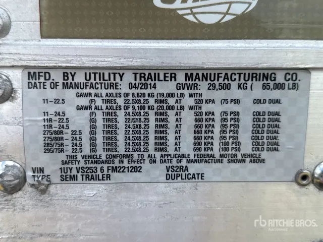 2015 Utility 53 ft x 102 in T/A Refrigerated Trailer