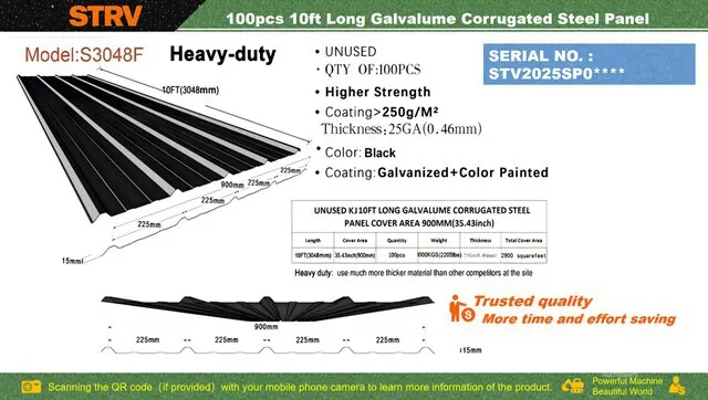 Quantity of (100) 2026 STARVOX S3048F 35 in x 10 ft Galvalume Corrugated Steel Panels (Black) (Unused)