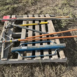 PALLET OF HAND TOOLS, INCLUDES: POST DRIVER, FLOOR SQUEEGEES, PICK