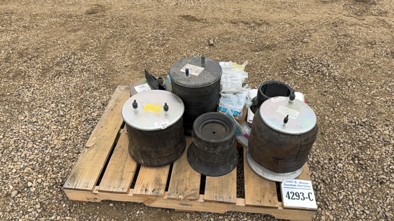 UNUSED HEAVY TRUCK AIR BAGS, HOOK LATCHES, SAFETY LATCHES, TRUCK PLACARDS - LOCATED IN SHOP