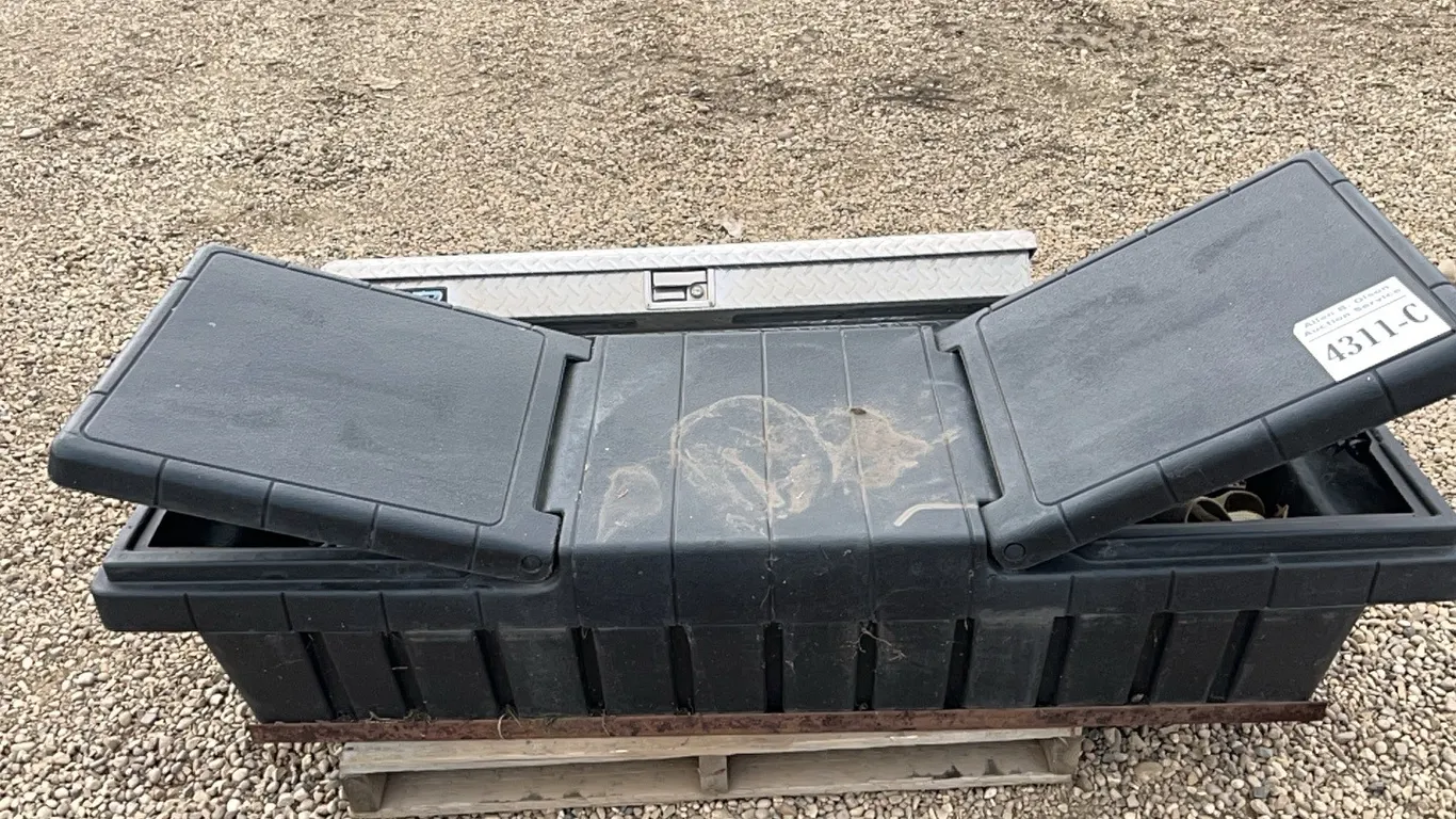 PLASTIC TRUCK TOOLBOX w/ RATCHET STRAPS, LUND CHALLENGER BED RAIL TOOLBOX, HD TRUCK MUDFLAPS & MOUNTING BAR