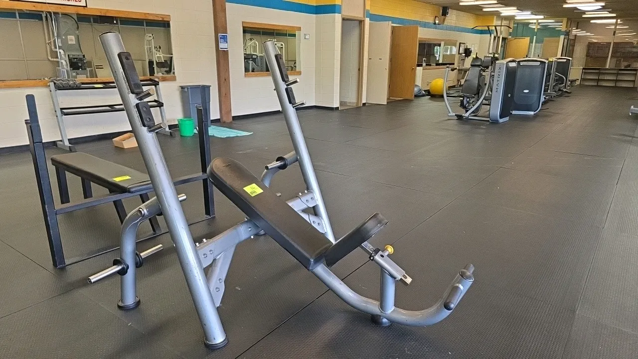 2006 Matrix Olympic Incline Bench. Features adjustable seat height, multi-position bar catches, integrated spotter platform, and four plate storage pe