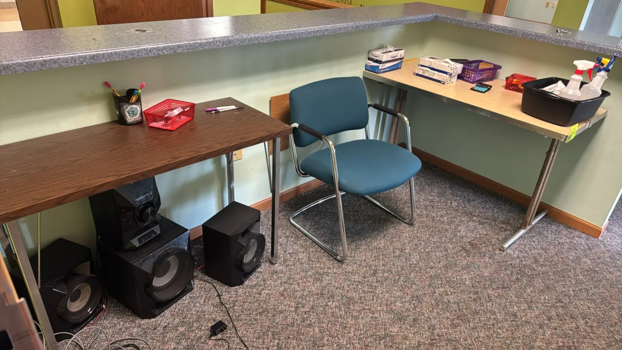 Office package lot. Includes (1) woodgrain utility table with metal legs, (1) folding table, (2) blue upholstered armchairs with chrome sled bases, an