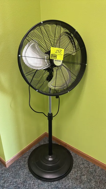 Hurricane 20" pedestal fan. Features 3 metal blades, an adjustable height telescoping pole, and a black wire safety guard. Mounted on a round pedestal