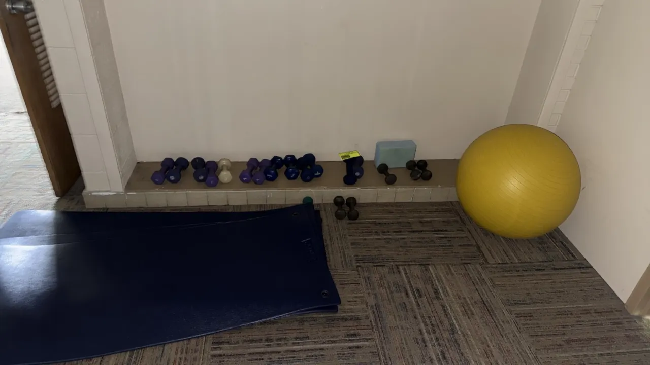 Assorted fitness equipment lot. Includes a variety of rubber-coated and metal dumbbells in various weights, one yellow stability yoga ball, one foam y