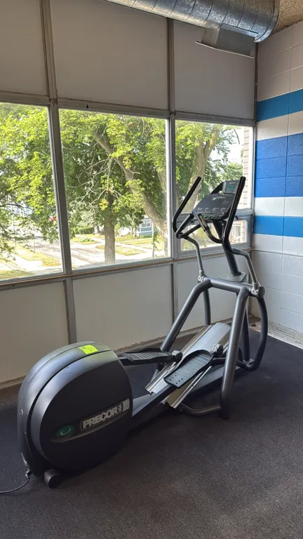 Precor EFX 556 elliptical workout machine. Features moving handlebars for an upper-body workout, stationary hand grips, adjustable resistance, and a S