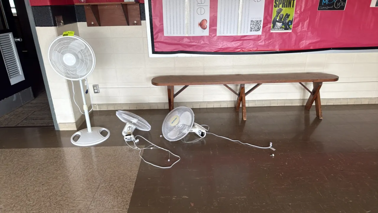 Contents of room. Includes one white pedestal fan, two white table fans, one long wooden bench with X-frame legs, one rectangular laminate-top table w