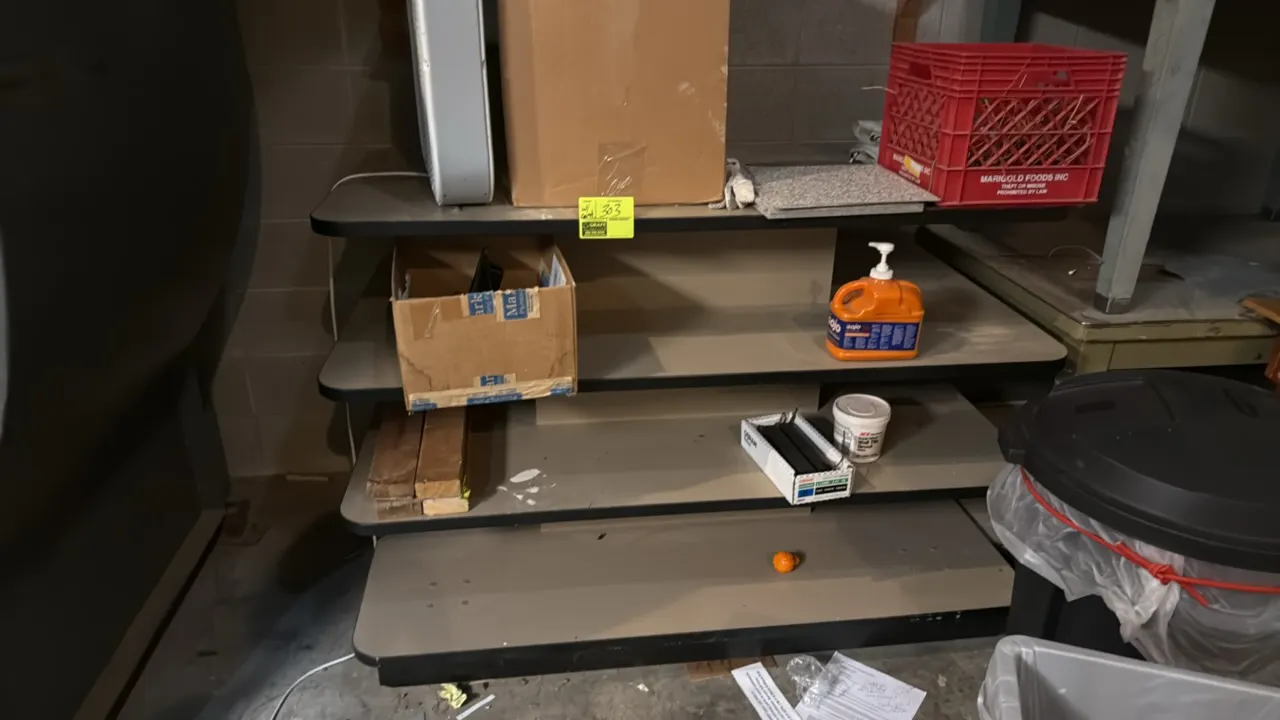 Laminate 4-tier display shelf. Includes a box fan, Gojo hand cleaner, paintbrushes, cleaning pads, paper towels, and other miscellaneous shelf content