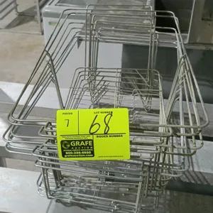 Wire baskets. Features durable metal wire construction with integrated upper support arms designed for hanging or resting on display rails.