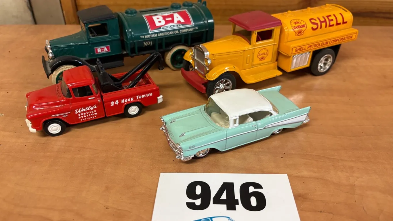 ASSORTED DIE-CAST VEHICLES – B-A & SHELL TANKER TRUCKS, WALLY’S TOW TRUCK & CHEVROLET BEL AIR