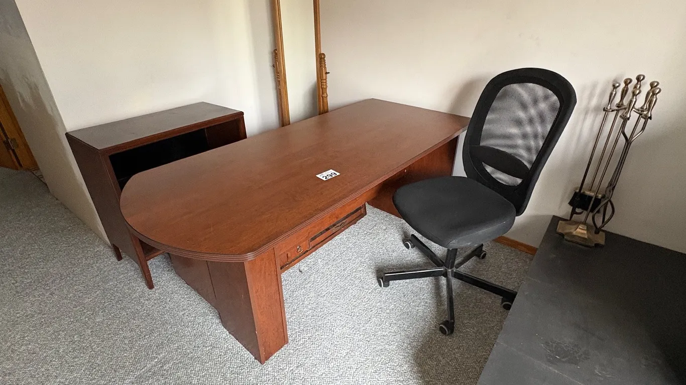 WOOD OFFICE DESK, BOOKCASE, MIRROR & OFFICE CHAIR SET