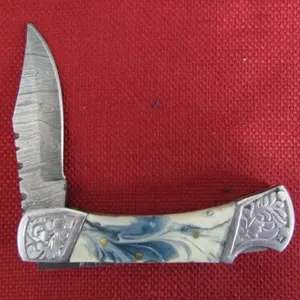 White & Blue Handle Damascus Pocket Knife