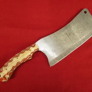 Orange Wood Handle Damascus Steel Cleaver
