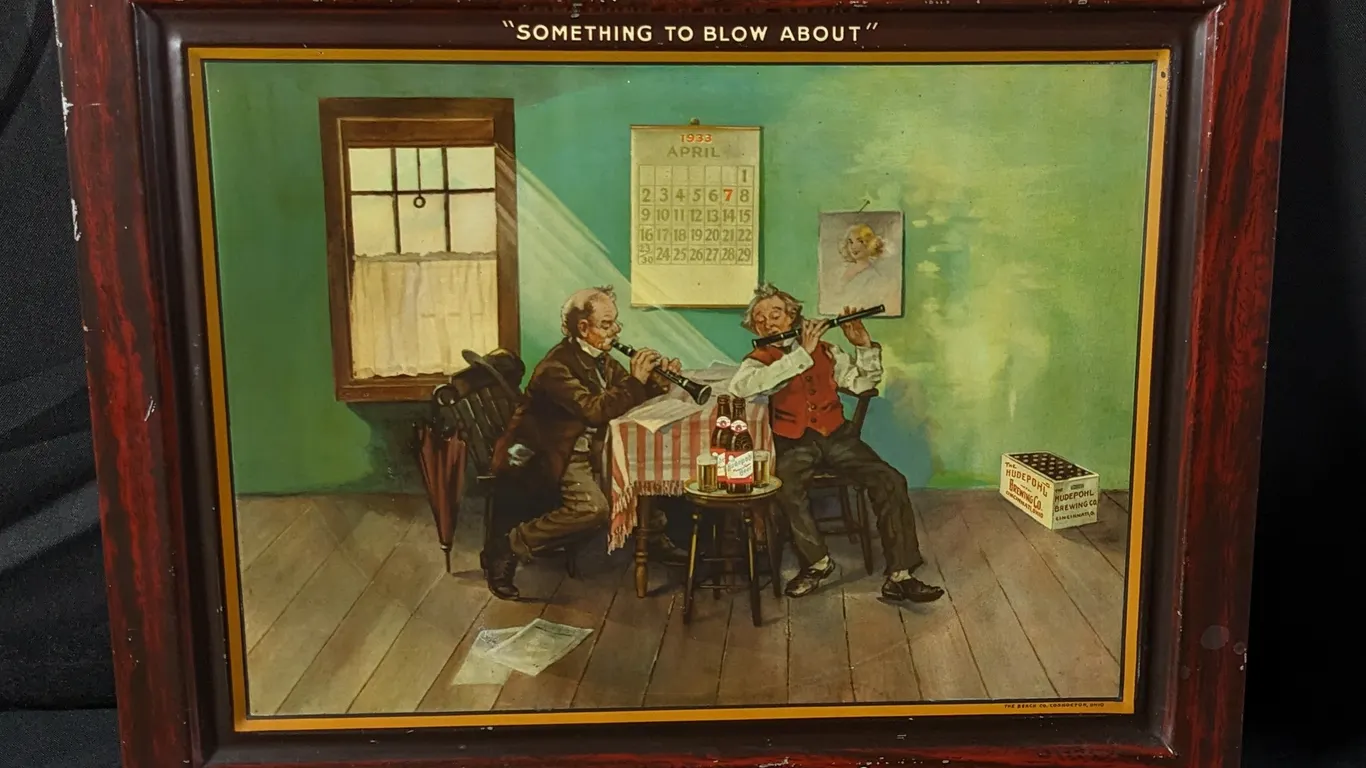 SELF FRAMED TIN SIGN HUDEPOHL BEER "SOMETHING TO BLOW ABOUT" CINCINATTI OHIO