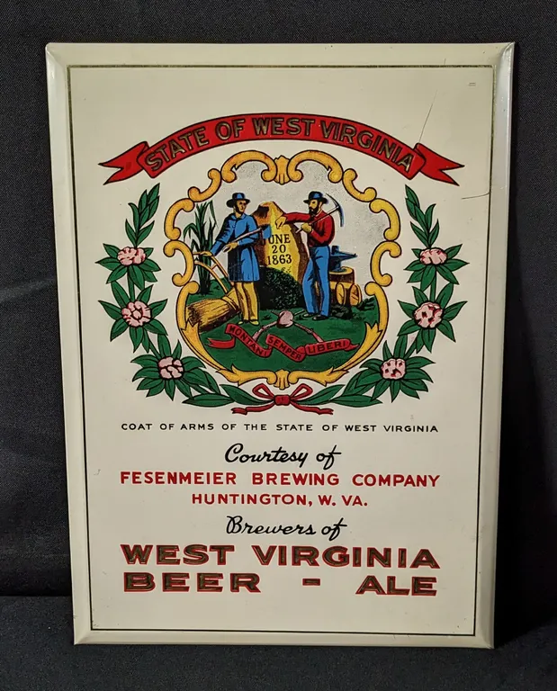 TOC TIN SIGN STATE OF WEST VIRGINIA FESENMEIER BREWING BEER & ALE HUNTINGTON WV