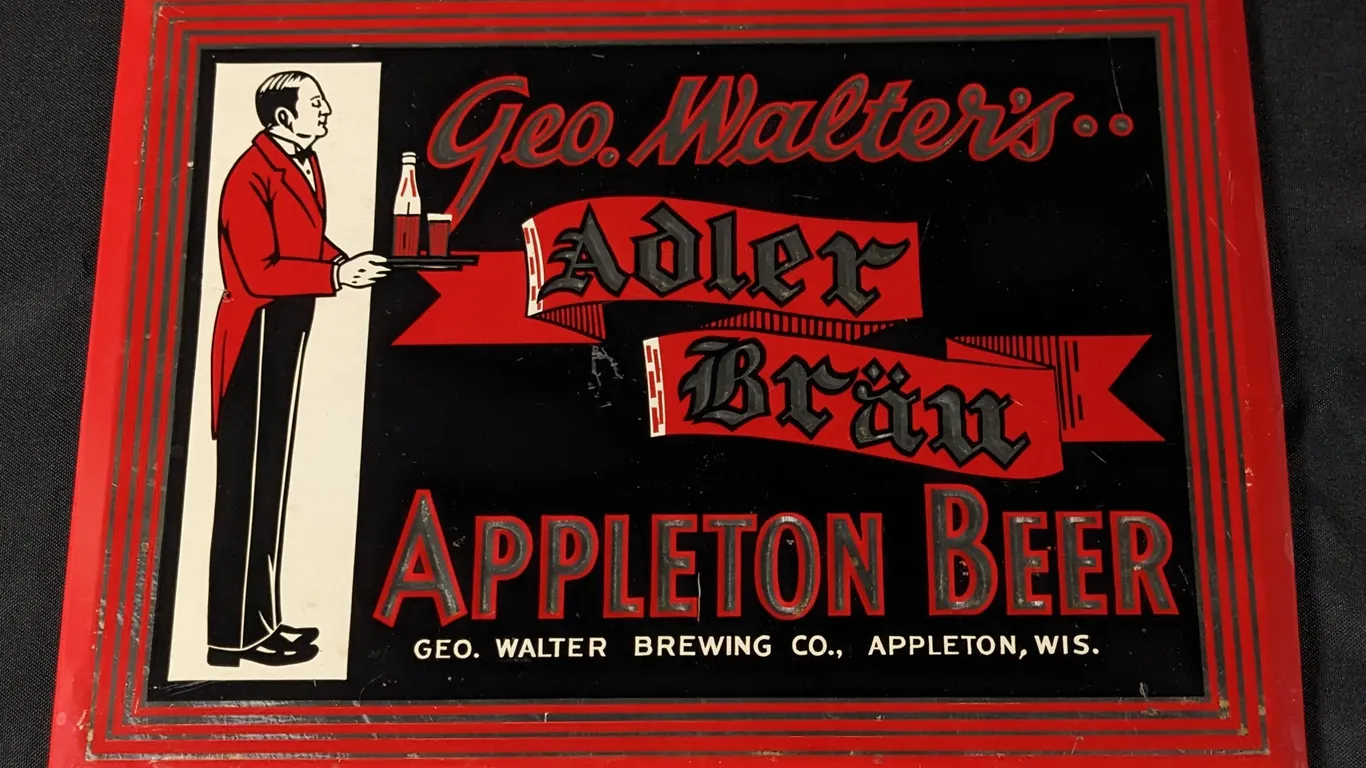 TOC TIN SIGN GEO. WALTER'S ADLER BRAU APPLETN BEER WISCONSIN