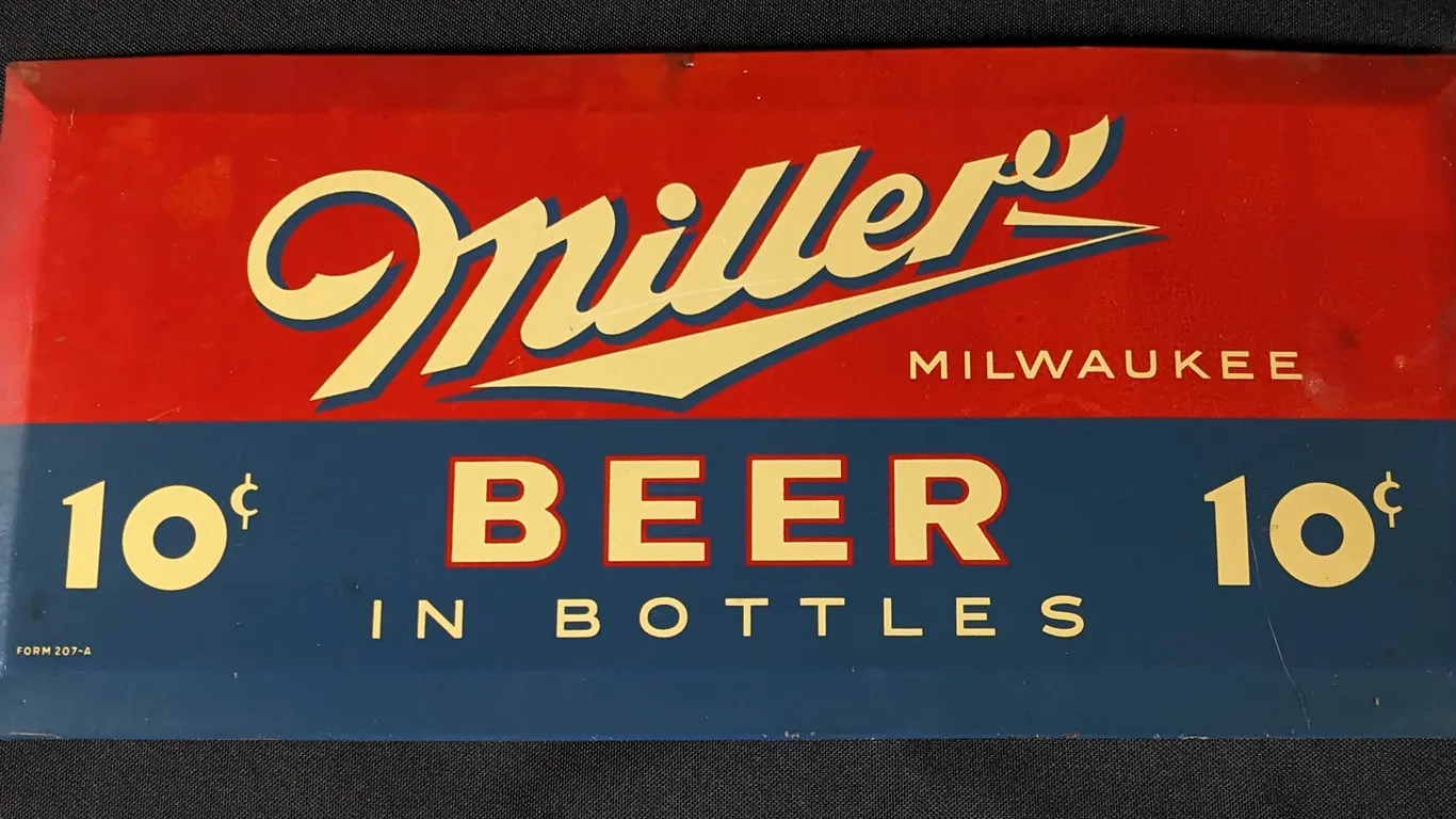 TOC TIN SIGN MILLER MILWAUKEE 10¢ BER IN BOTTLES