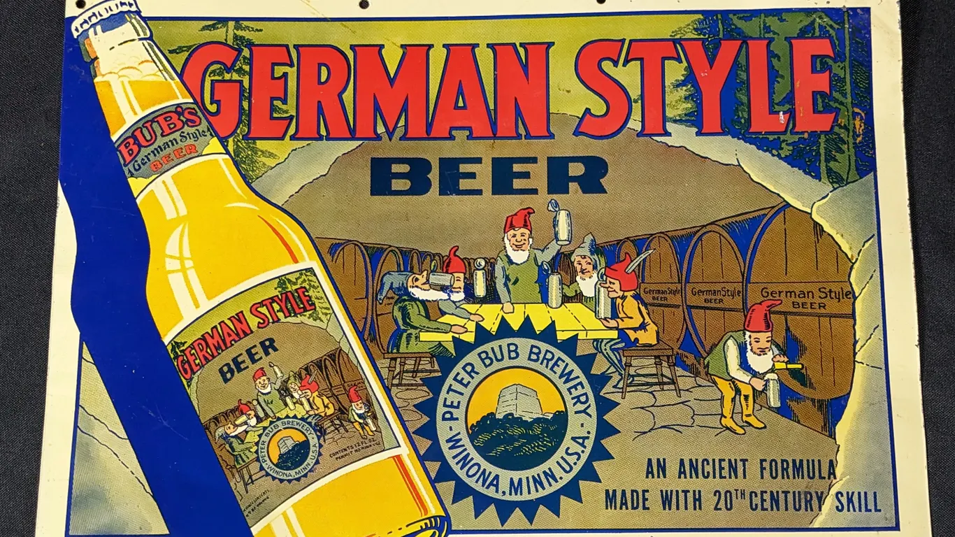 TIN SIGN GERMAN STYLE BEER PETER BUB BREWERY WINONA MINNESOTA MN