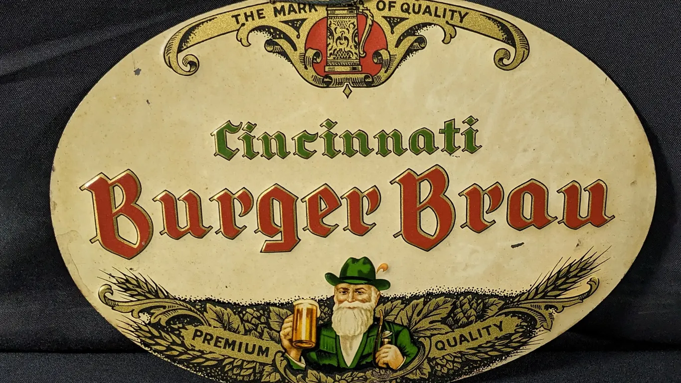 EMBOSSED TIN SIGN BURGER BRAU BEER CINCINATTI OHIO