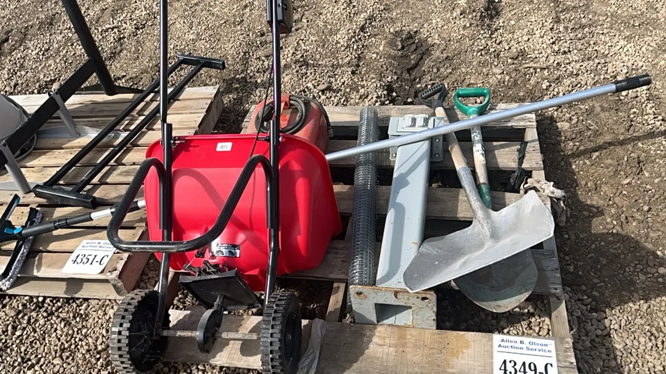 GRASS SEED/FERTILIZER SPREADER, ELECTRICAL STANCHION, BOAT FUEL TANK, MESH, 2 - SHOVELS
