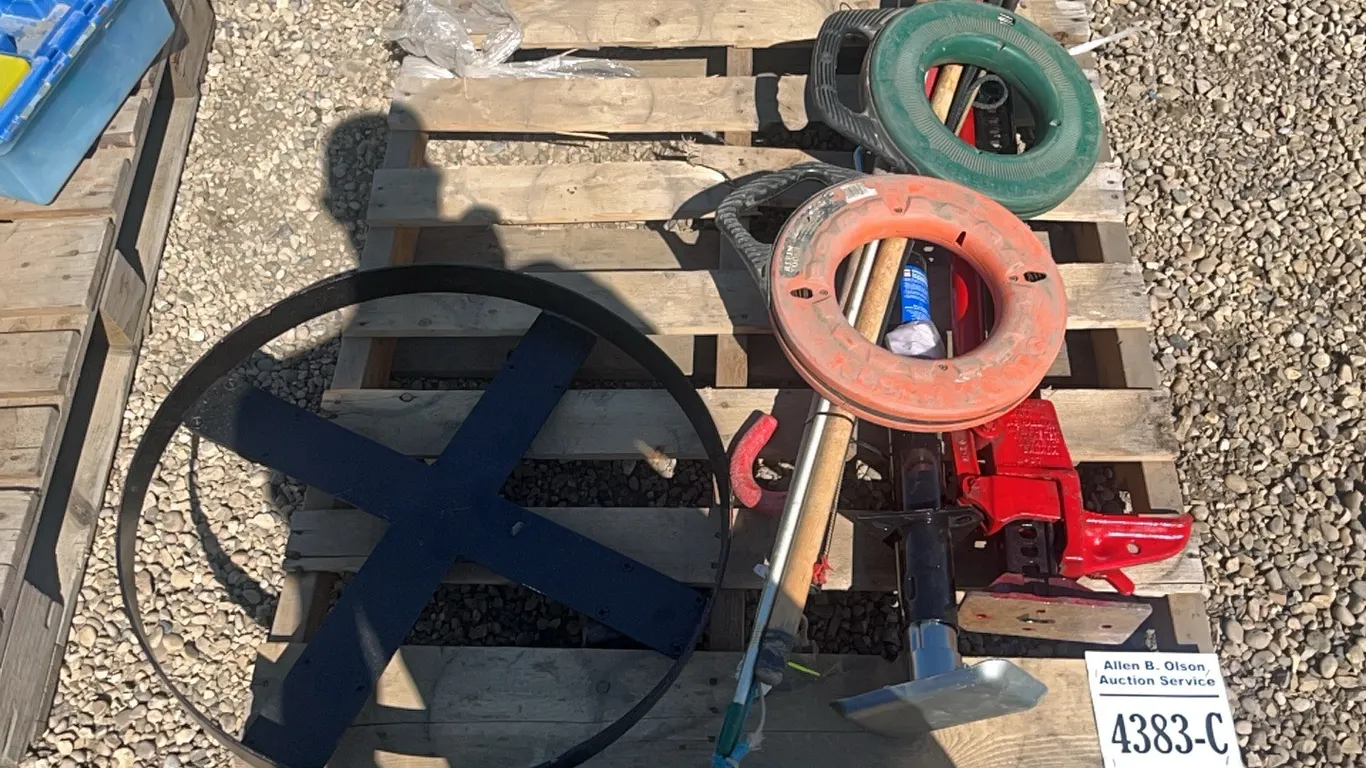 POWER FIST 5,000 LBS TRAILER JACK, JACKALL, RIDING CROPS/WHIPS, 2 - DEPTH FINDER FISH TAPES, ROUND WHEEL CART