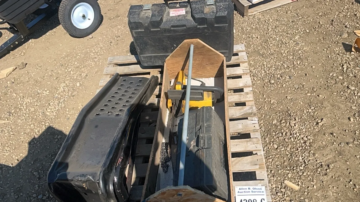 2 - CAR RAMPS, DEWALT CASE w/ ASSORTED SAWS & CHARGERS, MCCULLOCH 12" CHAINSAW, TOOLBOX