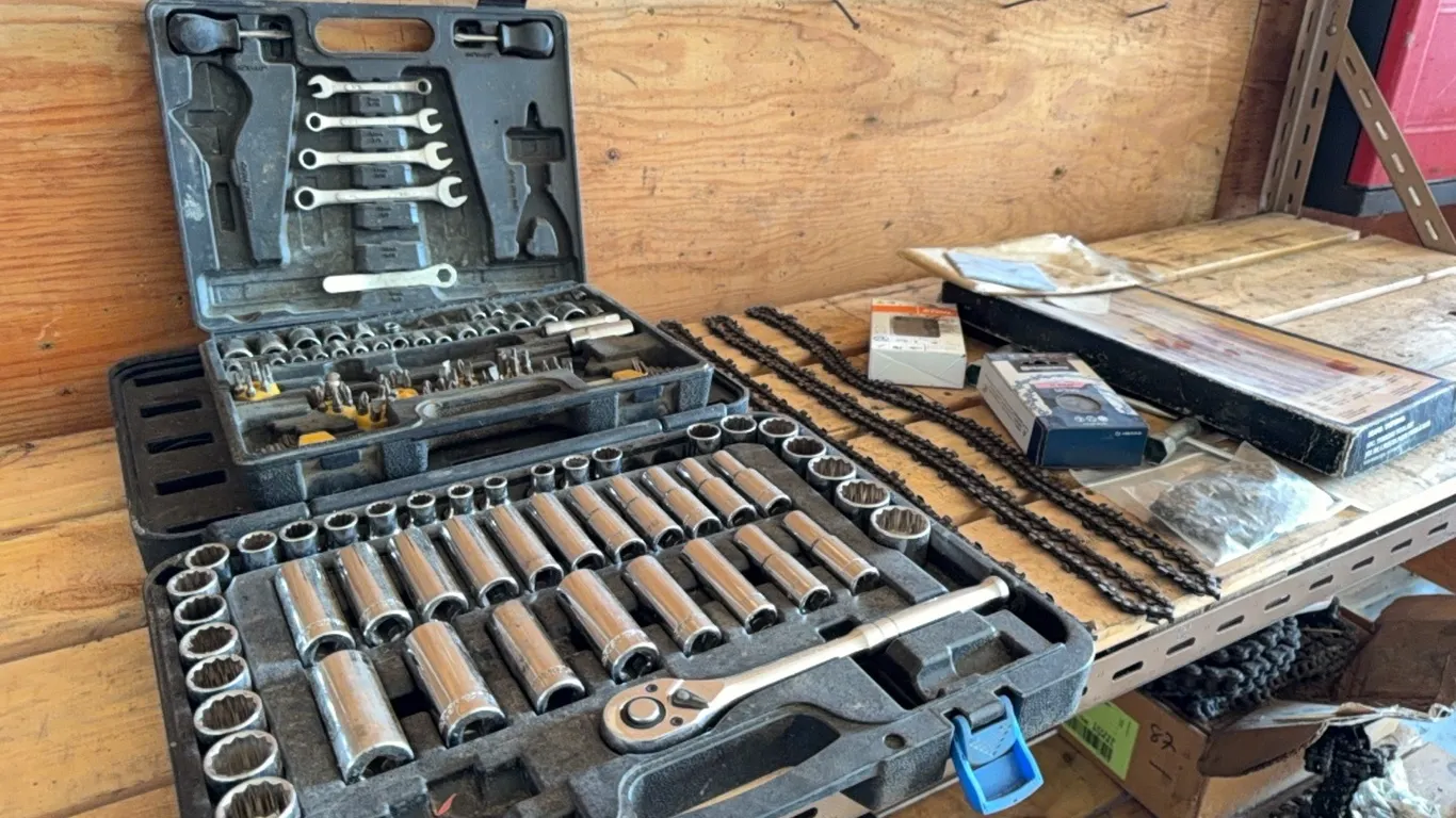 Hand Tools including Chain Saw Parts, Lathe Chisels, Sockets & Wrenches