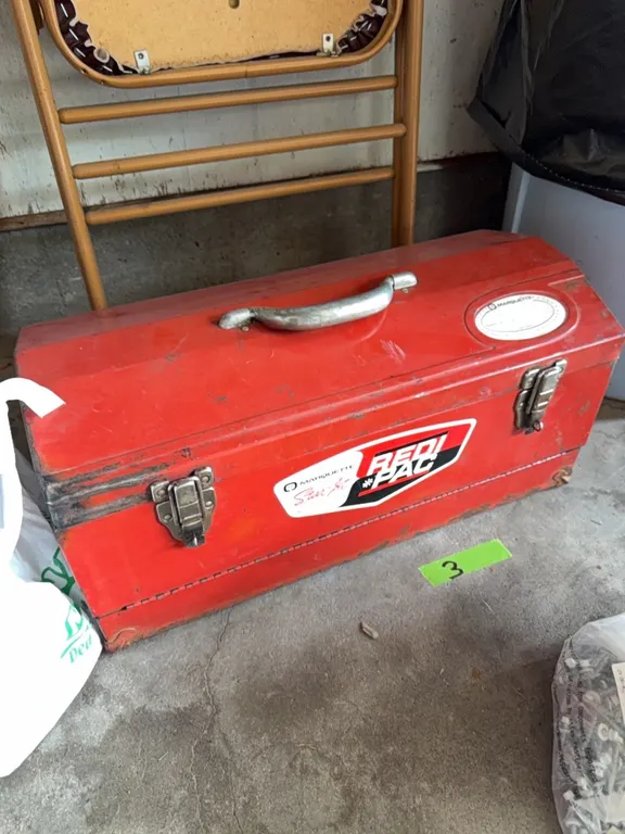 Plumbers tool box, large vintage metal box, nice, includes extra fittings