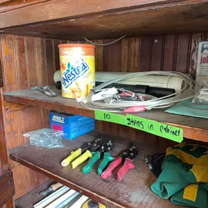 Misc., 100’ tape, saw blades, old scale, fishing reel, plus other.