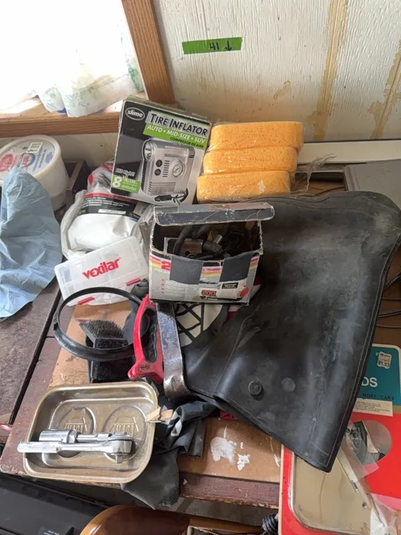 misc., including magnetic tray, new size extra large rubber boots, two small travel air compressors, much more