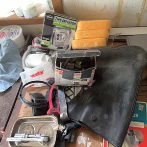 misc., including magnetic tray, new size extra large rubber boots, two small travel air compressors, much more