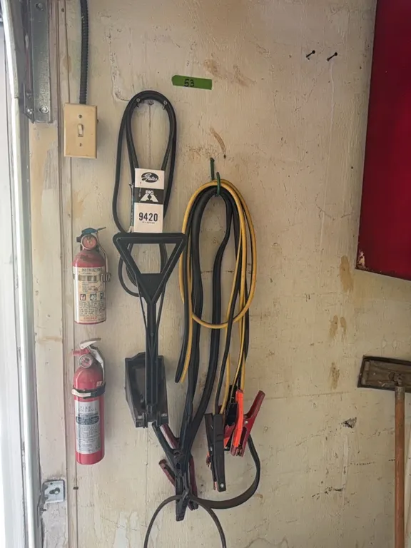 (2) sets jumper cables, can crusher, fir extinguishers