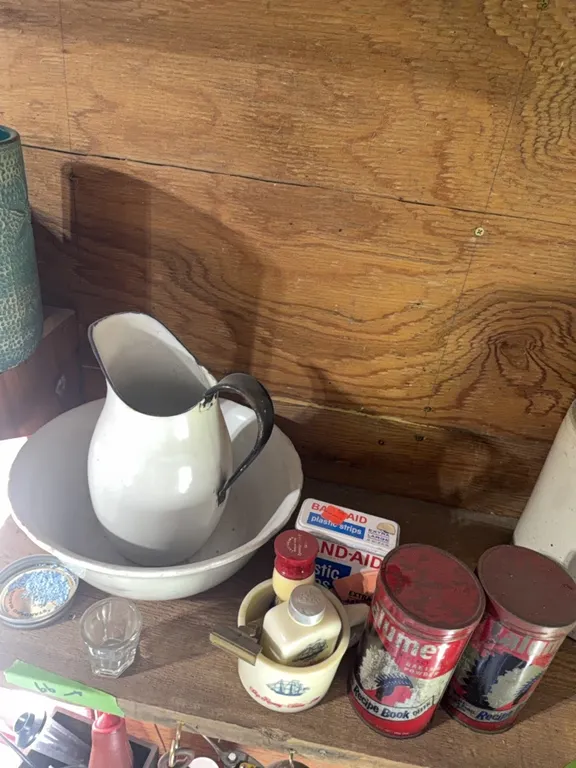Two tins, white enamel ware, other misc