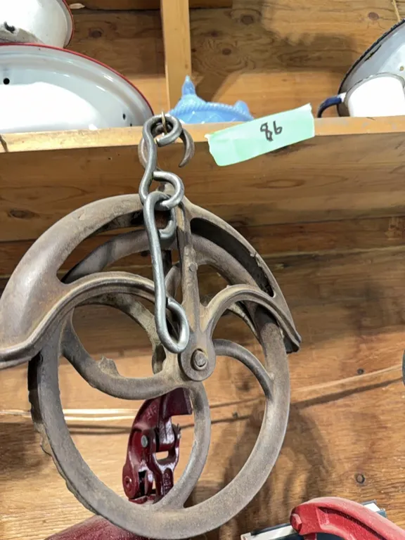 Antique wheel, chicken dish, evener