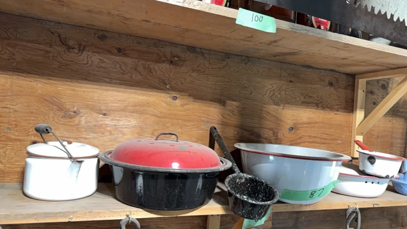 White enamelware, Dutch oven, dipper