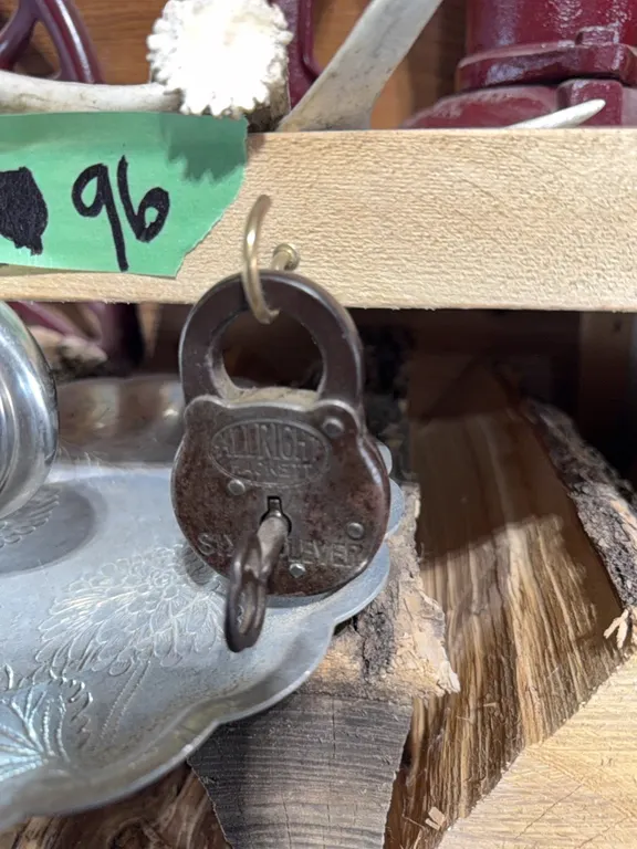 Deer horns, antique padlock, misc.
