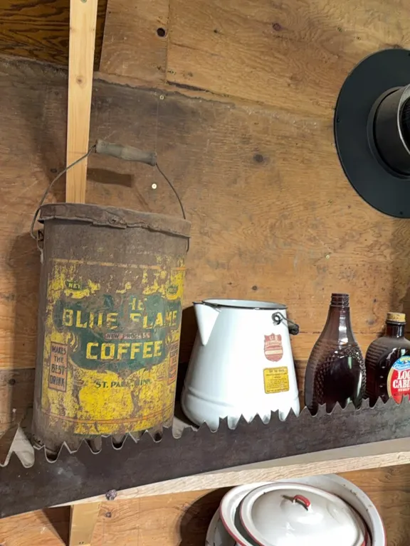 Antique original coffee tin with lid, plus other miscellaneous (saw not included)
