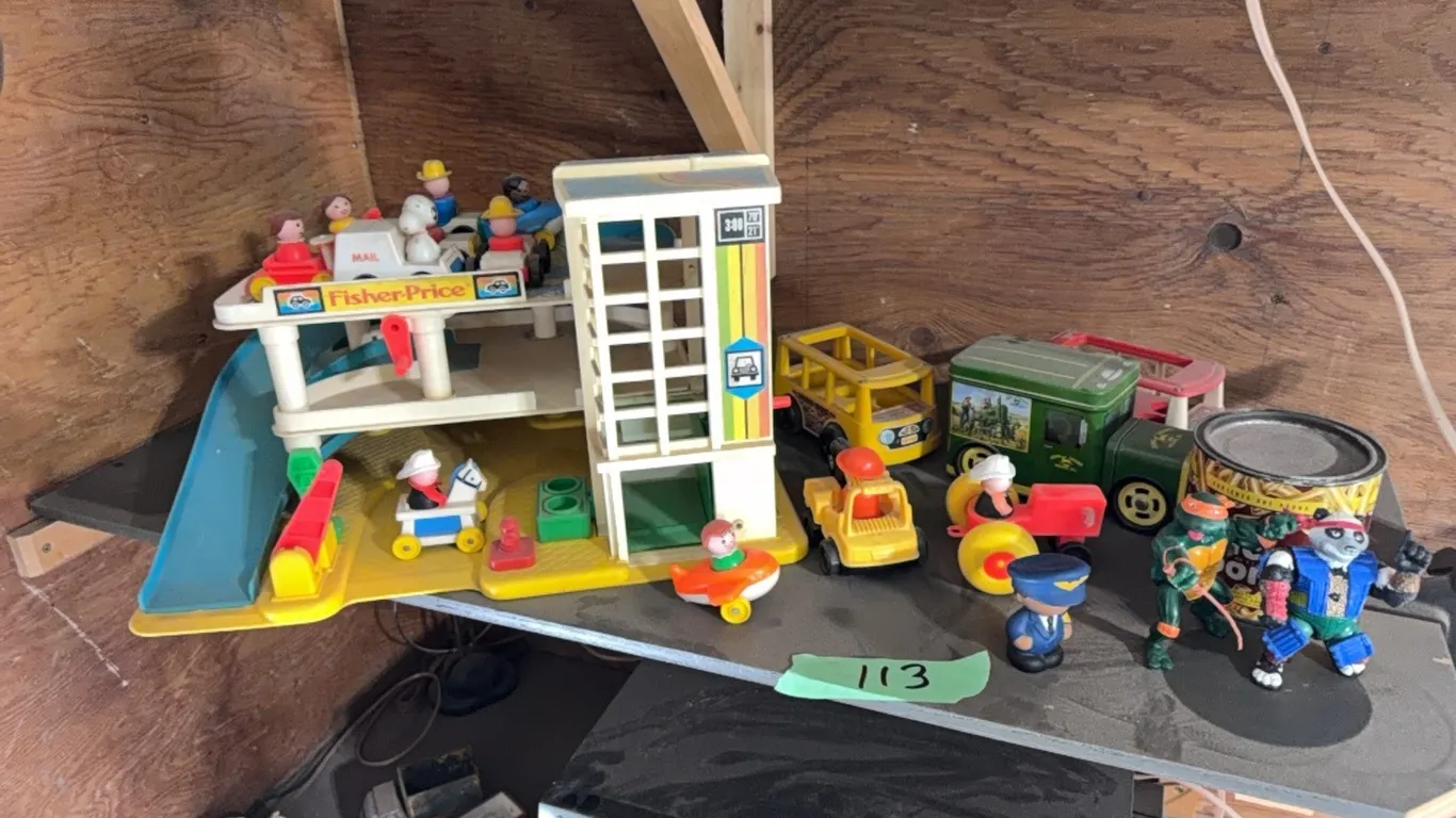 Large complete Fisher-Price set, includes about 10 boys and girls, airplane, cars, dog, mail truck, much more see photos